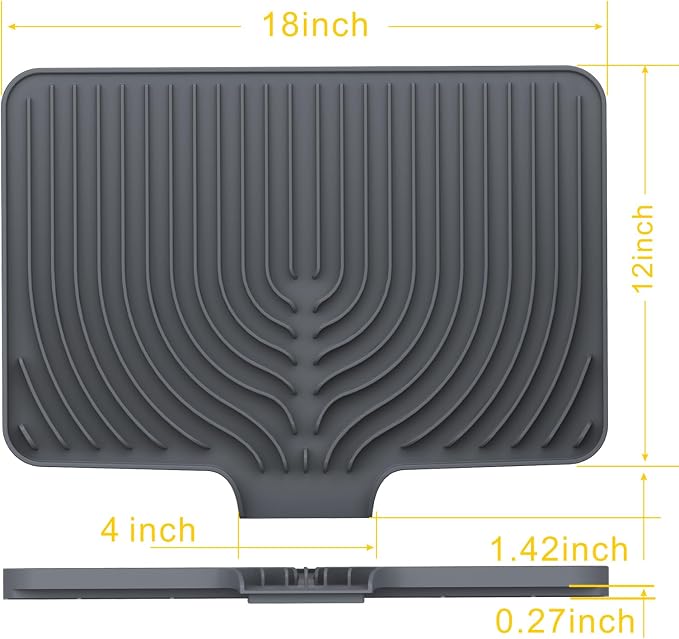 Silicone Dish Drying Mat for Kitchen Counter , Dish Drying Rack Matt with Built in Drain, 18 Inch dish Dry Mats for Kitchen Counter,Bumps up sink Applicable(18×12inch Extra Raised, gray)