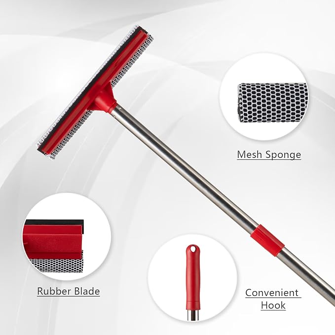 2-in-1 Window Squeegee with 30"-59" Stainless Steel Adjustable Handle - Glass Cleaner for Shower Doors, Car Windshield & High Outdoor Windows (Red)