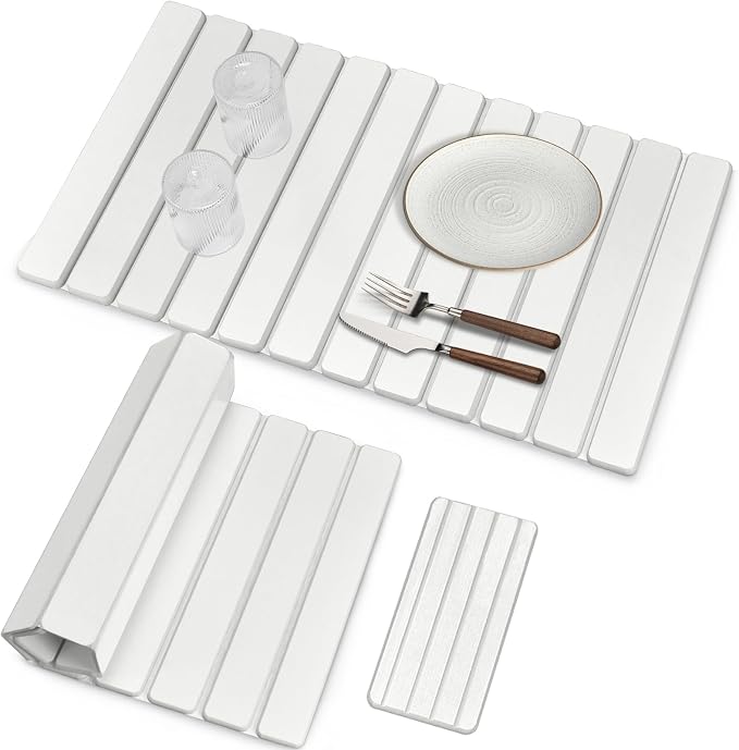 Large Stone Dish Drying Mats for Kitchen Counter, Fast Drying Collapsible Dish Drying Mat, Eco-Friendly Absorbent Diatomaceous Earth Mats for Dishes Cups, Match Any Countertop (White 28"×16" & 8"x4")