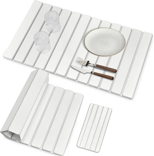 Large Stone Dish Drying Mats for Kitchen Counter, Fast Drying Collapsible Dish Drying Mat, Eco-Friendly Absorbent Diatomaceous Earth Mats for Dishes Cups, Match Any Countertop (White 28"×16" & 8"x4")