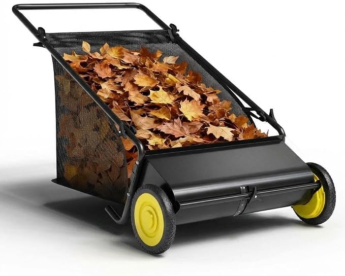 Garvee 21 Inch Push Lawn Sweeper, Leaf & Grass Collector, Strong Rubber Wheels & Heavy Duty Thickened Steel Durable to Use with Large 3.5 Cu. ft Hopper Bag, 4 Spinning Brushes