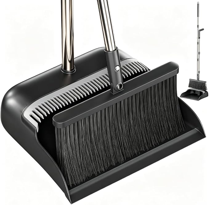 Broom and Dustpan Set, 52" Long Handle with Dust Pan Teeth, Black | Standing Broom with Dustpan Combo Set Clean Pet Hair, Easy Sweeping Suitable for Home Kitchen Office Lobby