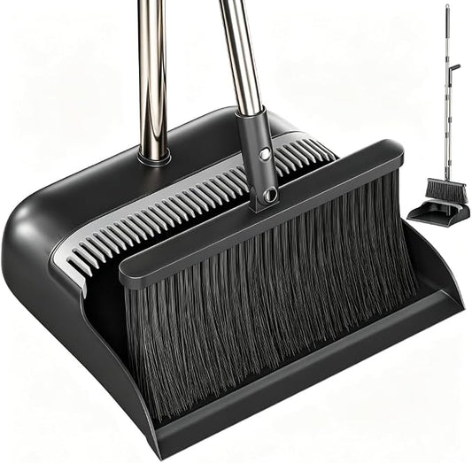 Broom and Dustpan Set, 52" Long Handle with Dust Pan Teeth, Black | Standing Broom with Dustpan Combo Set Clean Pet Hair, Easy Sweeping Suitable for Home Kitchen Office Lobby