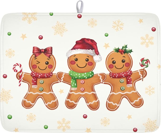 Christmas Gingerbread Man Dish Drying Mat for Kitchen Counter Xmas Gold Snowflake Dish Drainer Mat Rustic Farmhouse Winter Holiday Absorbent Washable Drying Pad 18"x24"