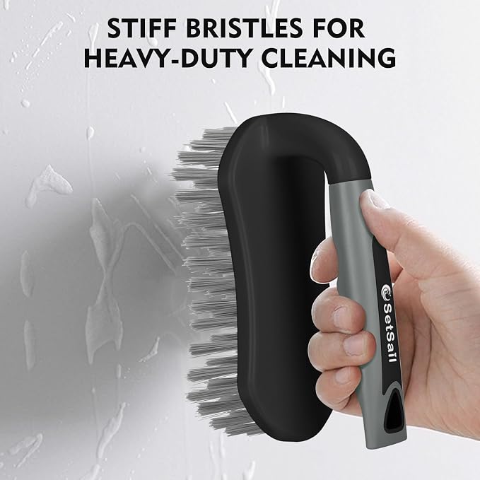 SetSail Scrub Brush, Stiff Bristle Cleaning Scrubber, 4 Pack(Black Grey) | Durable Bristles Ergonomic Non-Slip Tpr Grip. U-Style Hanging Loop for Storage. Use for Shower, Tub, Tile, Kitchen, Carpet.