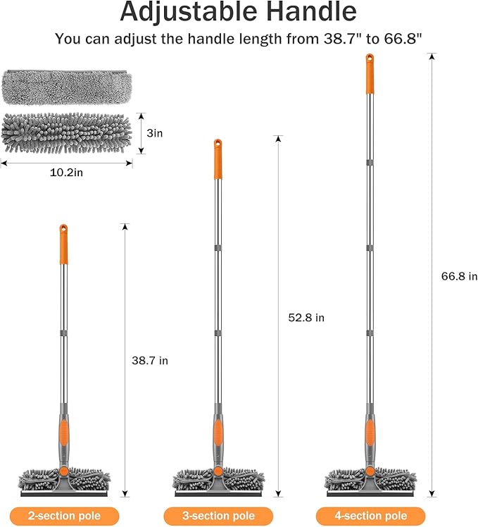 SetSail Window Squeegee with 66in Extension Pole 2-in-1 Window Cleaning Kit | Professional Window Cleaner Tool for Outdoor Indoor Car Windows Glass, Rotatable Head and 2 Scrubbers, Grey Orange