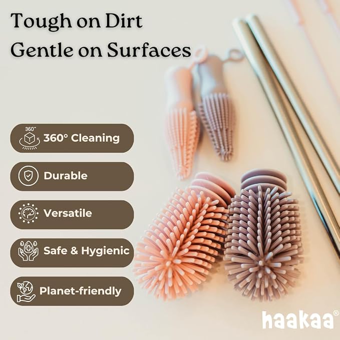Haakaa Silicone Cleaning Brush Kit – Household Cleaning Brushes for Bottles and Crevices – Food-Grade Silicone: Dishwasher Safe (Brush-Mist Blue)