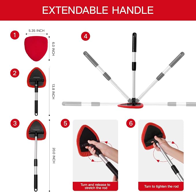 Qydipclin 7pcs Windshield Cleaner Tool Car Window Cleaning Wash Kit with 4 Reusable Microfiber Pads 1 Spray Bottle and Extendable Handle Auto Glass Wiper Kit, Red