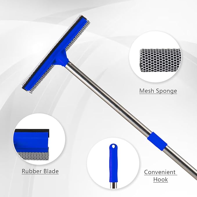 2 in 1 Window Squeegee,Car Window Cleaner Tool with 55" Long Stainless Steel Handle,Sponge Car Squeegee for Home,Gas Station,Glass,Shower,Outdoor High Window Cleaning