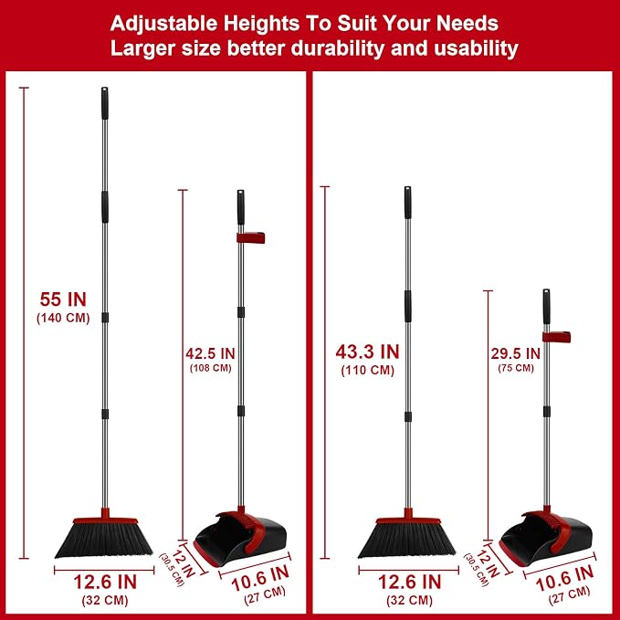 Red Broom and Dustpan Combo Set, 55" Long Handle Broom | Large Area Outdoor Cleaning, Extended Reach Design, Built-in Comb Dustpan, Foldable Storage for Garage, Patio & Home
