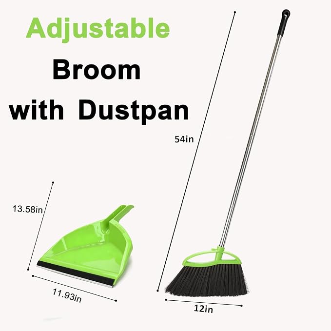 Soft Bristles Green Angle Broom and Dustpan Set, Long Handle Household Indoor Broom with Dustpan Combo Set for Room Kitchen Lobby Office Hardwood Floor Sweeping Floor Cleaning