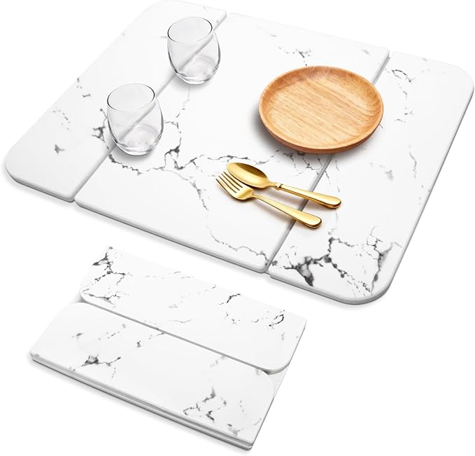 Stone Drying Mat for Kitchen Counter, Foldable Quick-Dry Dish Drying Mat, Water-Absorbent Marble Diatomaceous Earth Mats for Dishes, Cups & Bottles on Any Countertop(20"x16")