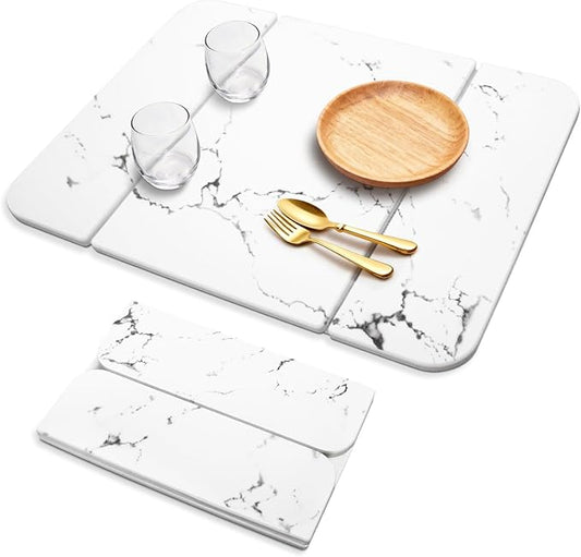 Stone Drying Mat for Kitchen Counter, Foldable Quick-Dry Dish Drying Mat, Water-Absorbent Marble Diatomaceous Earth Mats for Dishes, Cups & Bottles on Any Countertop(20"x16")