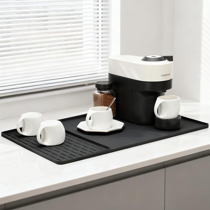 Silicone Coffee Mat, 24"X16" Heat-Resistant,Eco-friendly,Hygienic Drying Pad,Leak-Proof and Non-Slip,Removable Silicone Mat with Concave and Convex Design,（Black 24X16）
