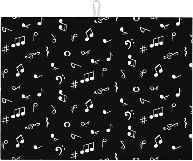 Music Notes Dish Drying Mat for Kitchen Counter Musicial Dish Drainer Rack Mats 16x18 Inches Absorbent Reversible Black Drying Pad