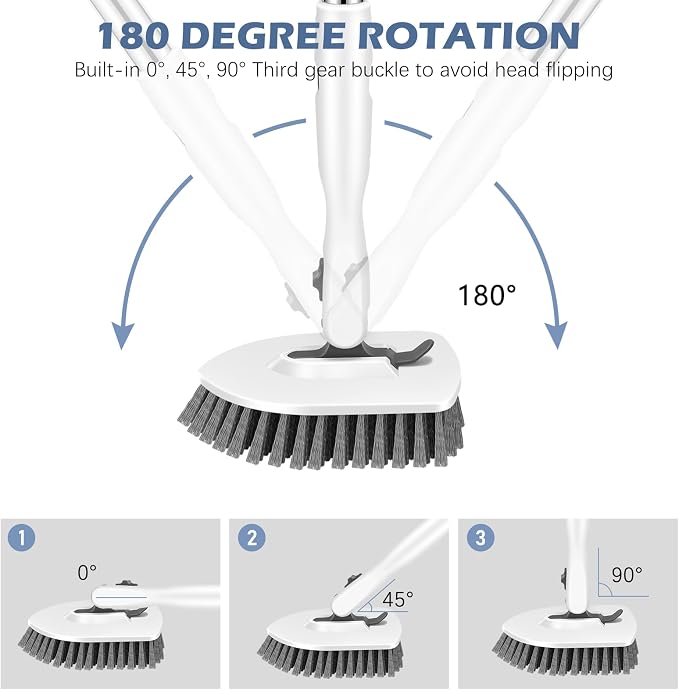 SetSail Tile Tub Floor Scrubber with V-Shaped Grout Brush, White Grey | with 3 Detachable Replacement Brush Head, Multi-Angle Cleaning Locks at 45°, 90°, 180° for Bathroom Kitchen Walls Tub Tile