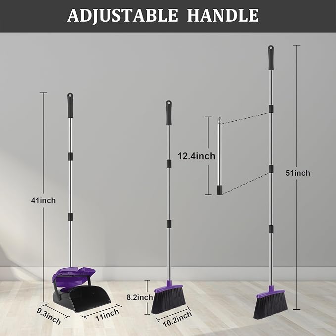 Broom and Dustpan Set, 51" Long Handle Broom with Dustpan Combo Set, Windproof and Self-Cleaning Teeth, Purple Household Dust Pan Set Sweep Kitchen Office Lobby Pet Room