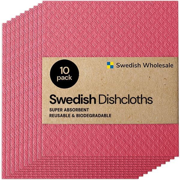 Swedish Wholesale Dishcloths Reusable 8" x 7" Sponge Cloths, Bulk 10 Pack of High Absorbent Cellulose Dish & Kitchen Cleaning Hand Towels, Wring to Dry & Machine Wash, Odor Resistant, Red