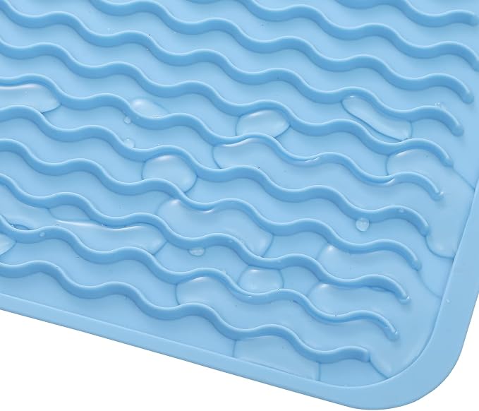 MicoYang Silicone Dish Drying Mat — Quick-Dry Ridges Counter & Sink Pad, Heat-Resistant Trivet to 450°F, Non-Slip & Dishwasher Safe, Roll-Up Storage, 18 Colors & 9 Sizes (Light Blue, 16"×12")