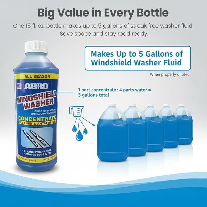 ABRO Windshield Washer Concentrate - 473ml, 2-in-1 All-Season Cleaner & Anti-Freeze, Up to -25°F (-31.5°C) Freeze Protection, Streak-Free Cleaning, Bug and Tar Removal