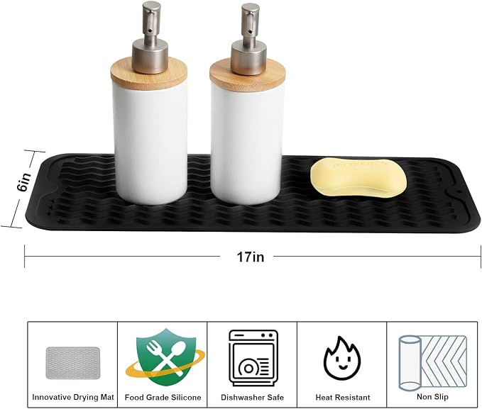 ZLR 2 Pcs Small Dish Drying Mat (6" x 17" / 153 x 433mm) - Narrow Silicone Drainer for Kitchen Counter, Apartment & RV - Compact Sponge Holder & Sink Caddy Tray, Non-Slip Food-Grade Silicone (Black)