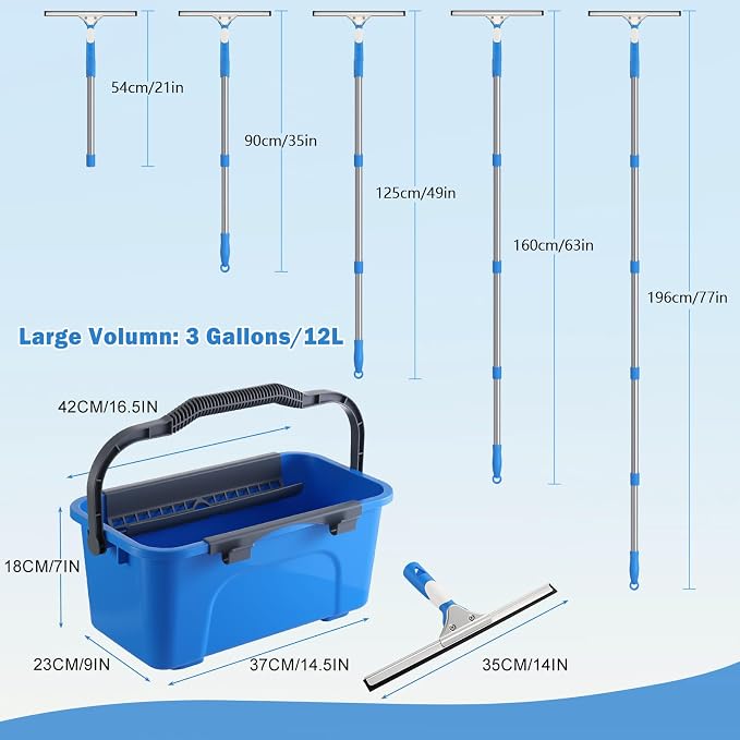 Mitclear Professional Window Cleaning Kit with Bucket 3 Gallon, 14" Window Squeegee Microfiber Scrubber with 77" Long Handle, Window Washing Equipment Cleaner Tools for Home Outdoor Car Commercial Use | Professional Window Washing Equipment, 77'' Long ...