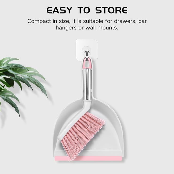 NACENA Mini Broom and Dustpan Set 2 Packs, Small Dust Pan and Brush Set with Handle Dustpan Teeth for Cleaning Hair Suitable for Office Desks Drawers Sofas Outdoor Camping, Pink