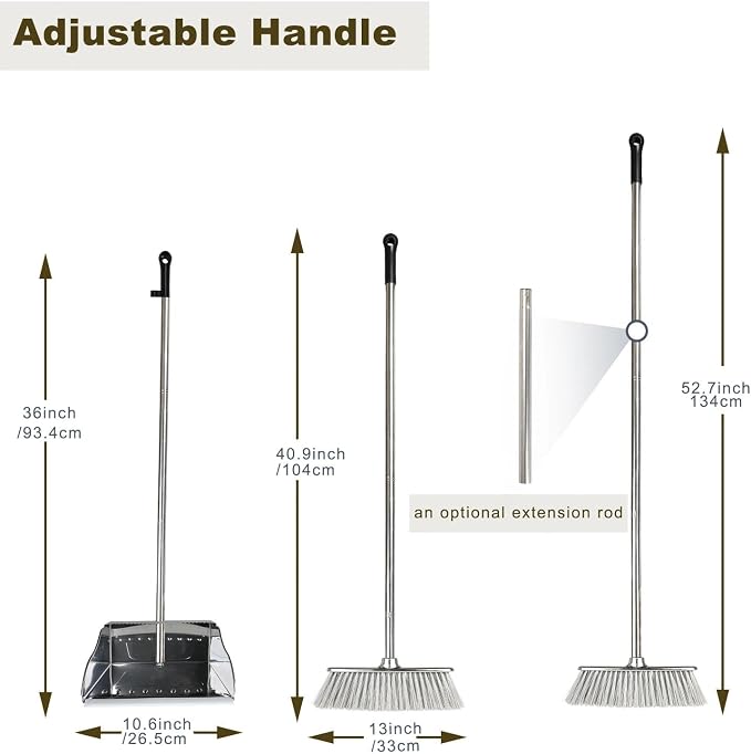 Metal Dustpan with Broom Set, Long Handle Stainless Steel Dustpan,Heavy Duty Standing Dust Pan with Teeth, Indoor Outdoor Up for Home Kitchen Lobby Room Office