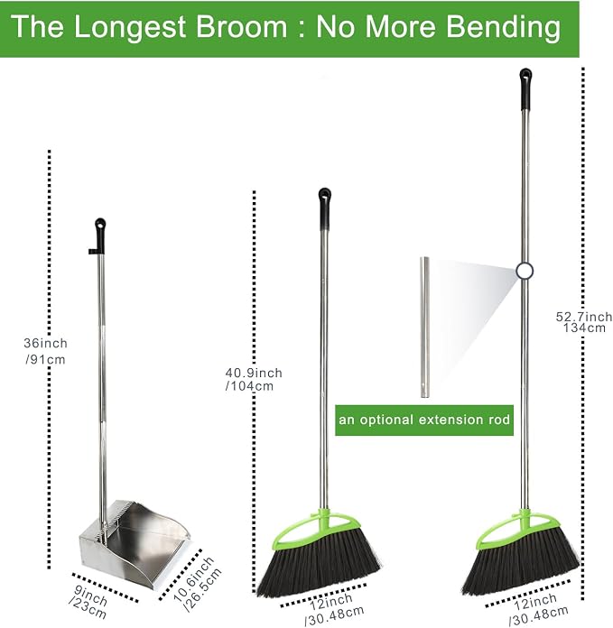 Soft Bristles Broom and Metal Dustpan Set for Indoor, Hardwood, Floor