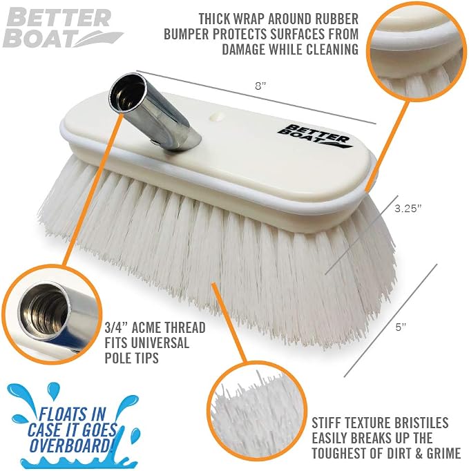 Stiff Boat Deck Brush, Heavy-Duty Marine Brush Head, 8" Firm Bristle with Bumper, 3/4" Thread Handle, for RV, Truck, and Auto Cleaning