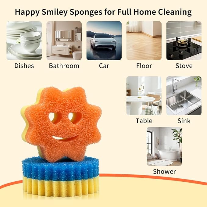 8 Pack Scrub Sponges, BIH Smile Dual-Sided Dish Sponge, 2 Shapes Temperature Sensitive Non Scratch Kitchen Sponges for Kitchen, Bathroom, Windows & All Household Surfaces, Stain & Odor Resistant