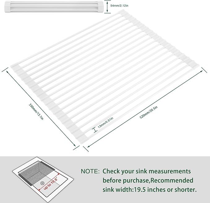 HANZENMA Roll Up Dish Drying Rack Over The Sink Kitchen Roll Up Sink Drying Rack Multipurpose Foldable Sink Drying Mat, Heat-Resistant, Anti-Slip & Anti-Rust Dish Rack for Kitchen, 20.5" x 13", White