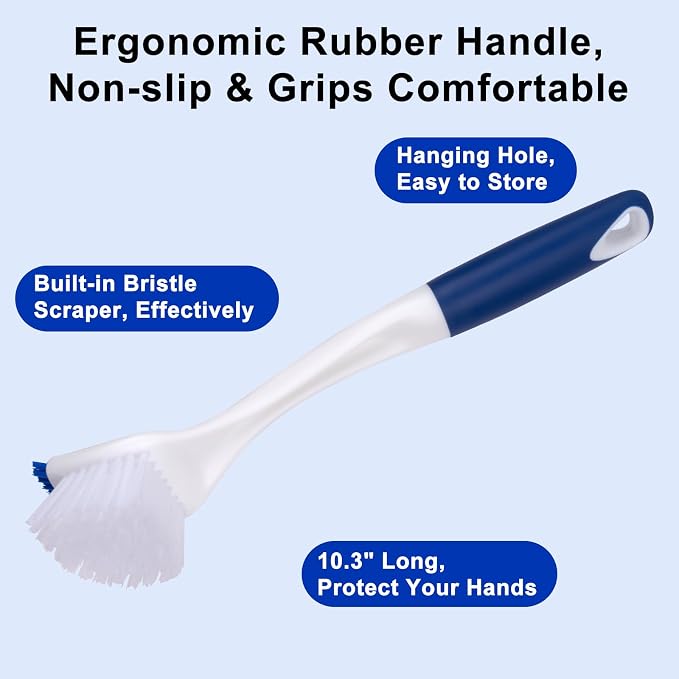 ITTAR Kitchen Dish Brush with Long Non-Slip Handle, 2-in-1 Kitchen Scraper & Brush, Heavy-Duty Non-Scratch Scrub Brush for Sink, Pots, Pans, Burnt Food Grease Stove Sink Cleaning-White & Blue