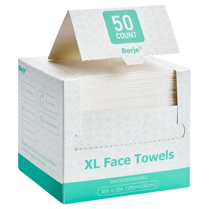 Borje Face Towels XL, Disposable Face Towel 10" x 12", 50 Count, 100% USDA Biobased Facial Towelettes, Ultra Soft & Clean Makeup Remover Dry Wipes for Women Cleansing