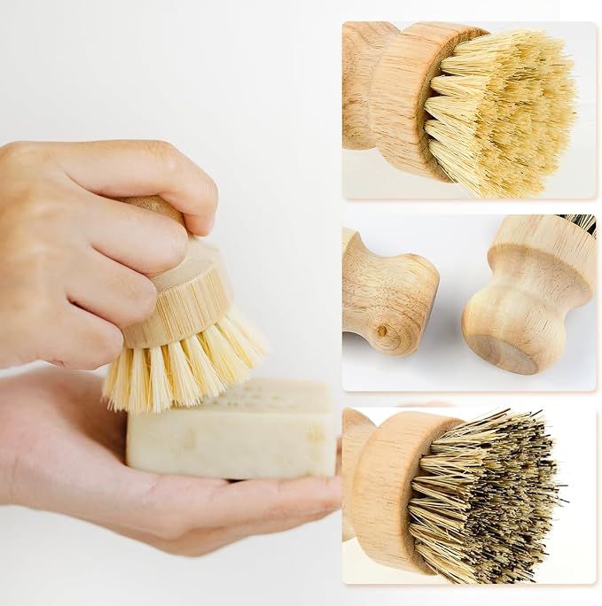 2 Pcs Dish Brush, Wood Dishes Scrub Brush, Pot Brush for Kitchen Cleaning Dishes Pots Pans (Sisal and Palm)