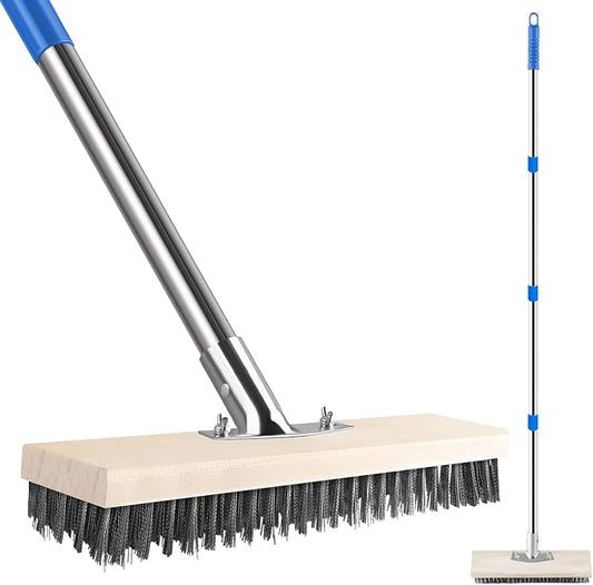 SUNBABA Stainless Steel Wire Scrub Brush with 62" Long Handle,Heavy Duty Stiff Metal Bristle Scrubber Broom for Deck Concrete Patio Gardens and Garages Floor Cleaning, Outdoor Moss Removal