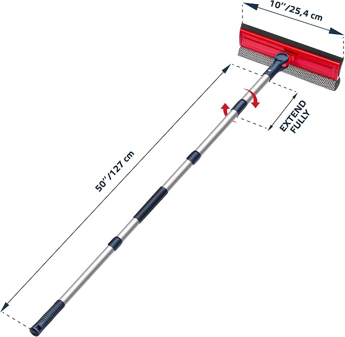 DSV Standard Professional Window Squeegee | 2-in-1 Window Cleaner Sponge and 10" Soft Rubber Strip with Extension Pole 50 Inch & 127 cm | Adjustable to Clean from Multiple Angles