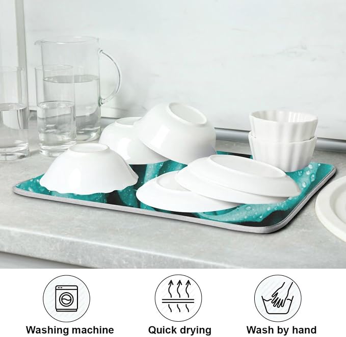 Super Absorbent Dish Drying Mat, Microfiber Fast-Drying Dish Mat, 16" x 18", Kitchen Dish Drying Pad Hipster Turquoise Rose Petals