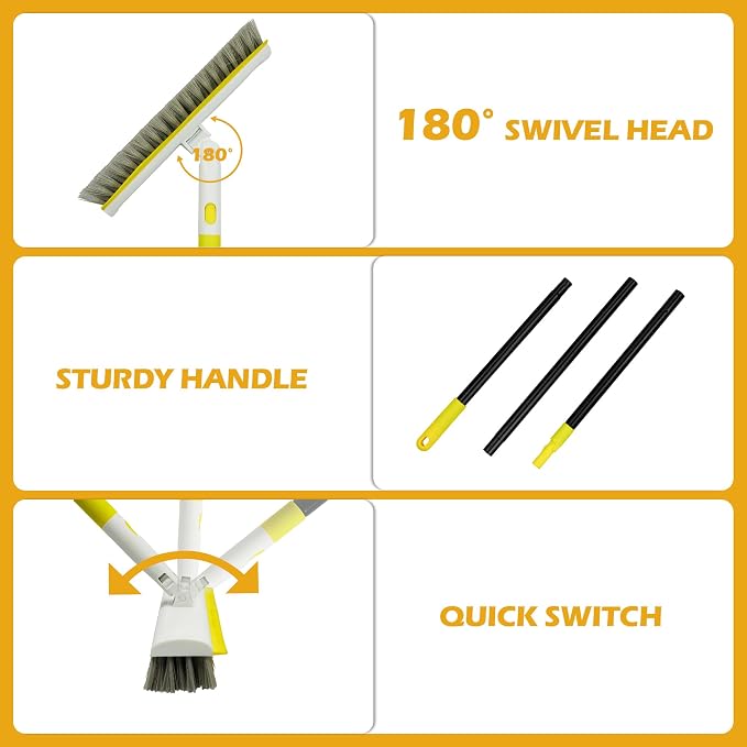 Floor Scrub Brush with 180° Rotating 50" Long Handle for Cleaning, 2 in 1 Scrape Scrubber Brush with Squeegee, Tile Tub Scrub Brushes Attachment for Clean Bathroom Deck Kitchen and Floor Wall