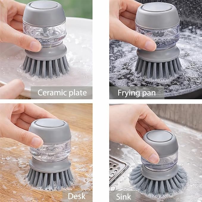 Soap Dispensing Dish Brush with Holder – Leakproof Kitchen Scrubber Brush with Soap Dispenser, Palm Grip Dish Cleaning Brush for Pots, Pans, Sink & Dishes – Gray