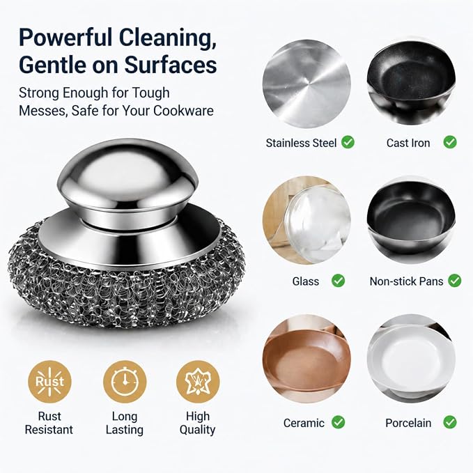 Steel Wool Scrubber, 6-Pack Stainless Steel Scrubber Pads with Handle - The Ultimate Scouring Solution for Rust, Stubborn Messes on Cookware, Grill, Oven & Kitchen Sinks