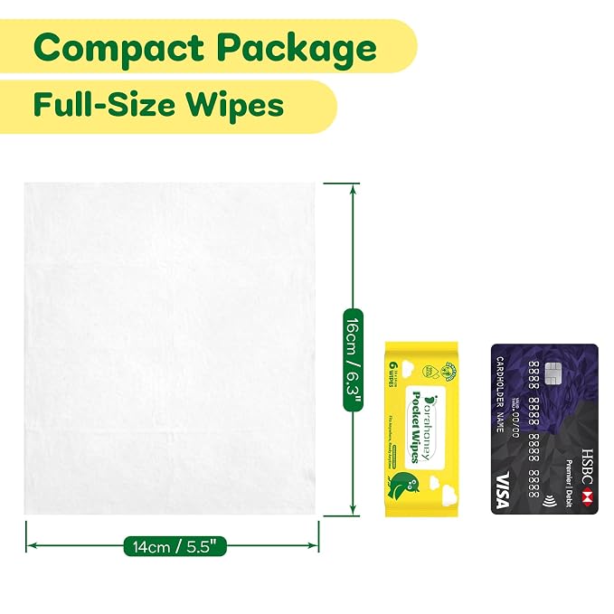 Unscented Travel Wet Wipes, 99% Purified Water Mini Wipes for Sensitive Skin, Hypoallergenic & Plastic-Free Pocket Wipes, 72 Count (12 Packs of 6)