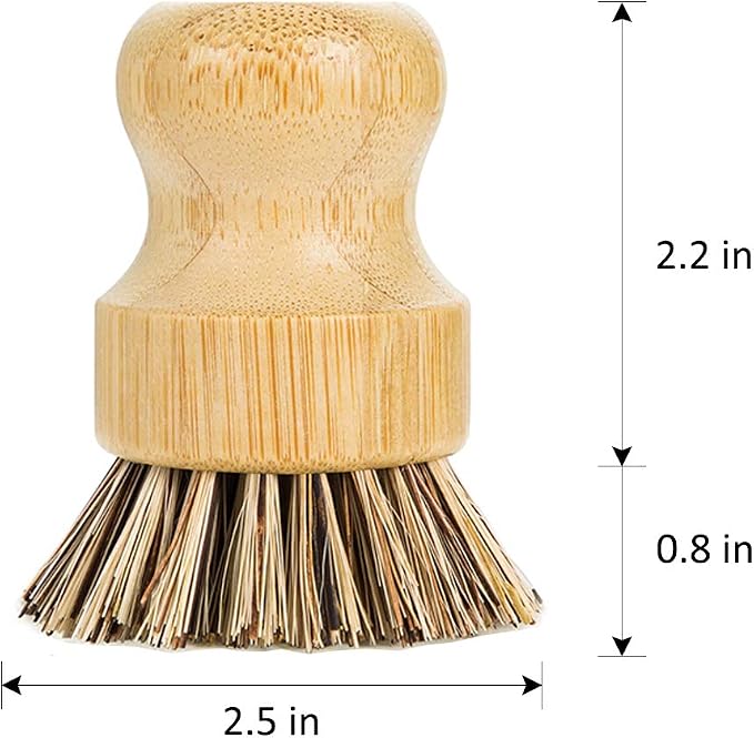 GREENTH PRO Palm Pot Dish Brush- Nature Bamboo 2 Packs Mini Durable Scrub for Kitchen Cleaning with Ceramics Holder