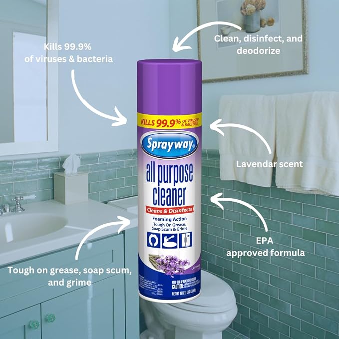 Sprayway All Purpose Cleaner Foaming Spray | Lavender Scent | 19oz | 6 Pack | Disinfectant, Foaming Multi-Surface Cleaner, Cuts Grease & Grime | Kills 99.9% of Germs