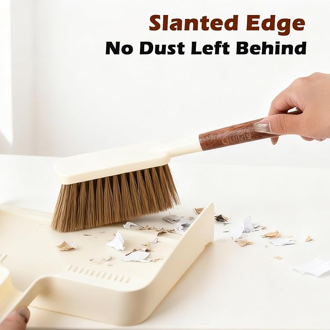 Hand Broom and Dustpan Set,Portable Small Dustpan and Brush Set with Sapele Wood Handle,Teeth Design,Compact Hangable Broom with Dustpan for Cleaning Desktops Kitchen Sofa Pet Hair,Beige