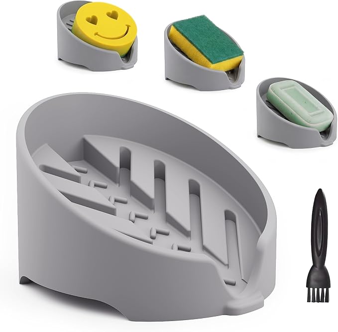 NiHome Silicone Sponge Holder for Kitchen Sink, Fits Scrub Daddy Mommy | Self-Draining Dispenser Organizer Tray, Sink Caddy Countertop Fits Soaps, Scrubber, Dishwasher Safe, Includes Brush, Gray