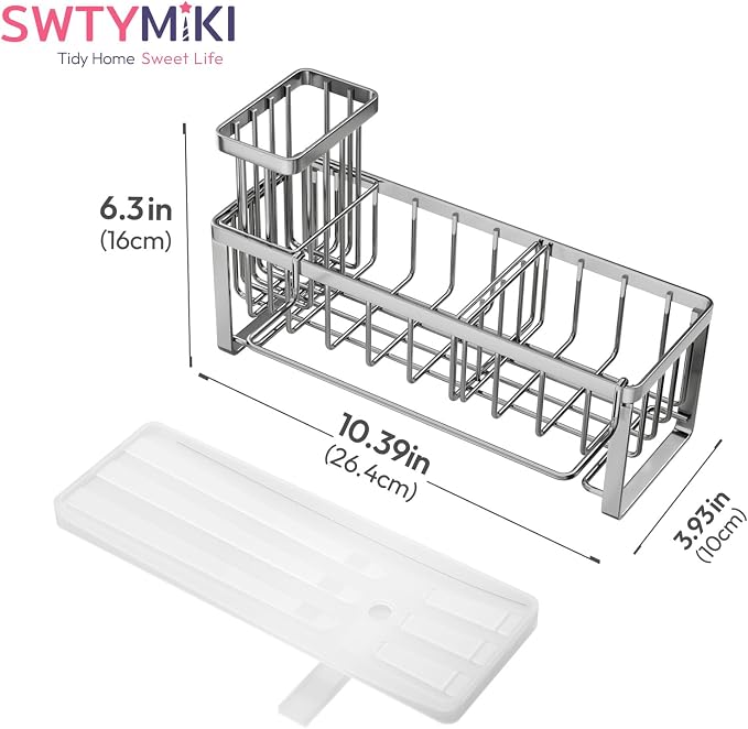 SWTYMIKI Sponge Holder for Kitchen Sink - Sink Caddy with Brush Holder Self-draining Sponge Caddy Organizer with Divider Stainless Steel Kitchen Accessories Storage for Countertop, Silver - Large
