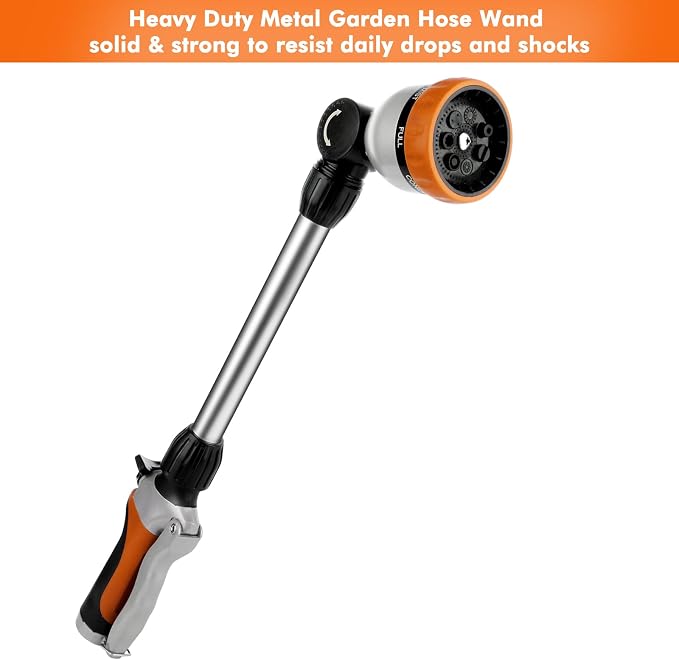 RESTMO Heavy Duty Metal Hose Wand, Watering Wand for Garden Hose | 180° Swivel Ratcheting Head, 16'' Hose Sprayer, 7 Spray Patterns, Flow Control, Ideal for Hanging Baskets & Shrubs, Orange