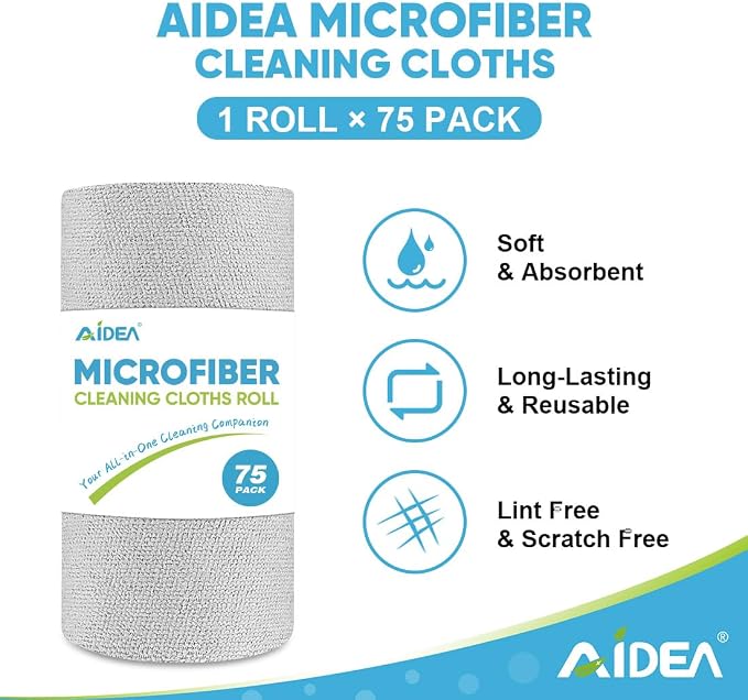 AIDEA Microfiber Cleaning Cloth Roll-75PK, Reusable Paper Towels 11.5×11.5" | Tear Away Cloth, Microfiber Towels for Cars, Cleaning Rags, Lint Free Wash Cloths for House, Kitchen,Cleaning Supplies, Grey