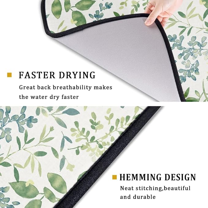 Green Leaves Branches Dish Drying Mat for Kitchen Counter 18x24 Inch Washable Microfiber Drying Mat Spring Floral Absorbent Drying Pad with Hanging Loop for Home Coffee Bar Decoration